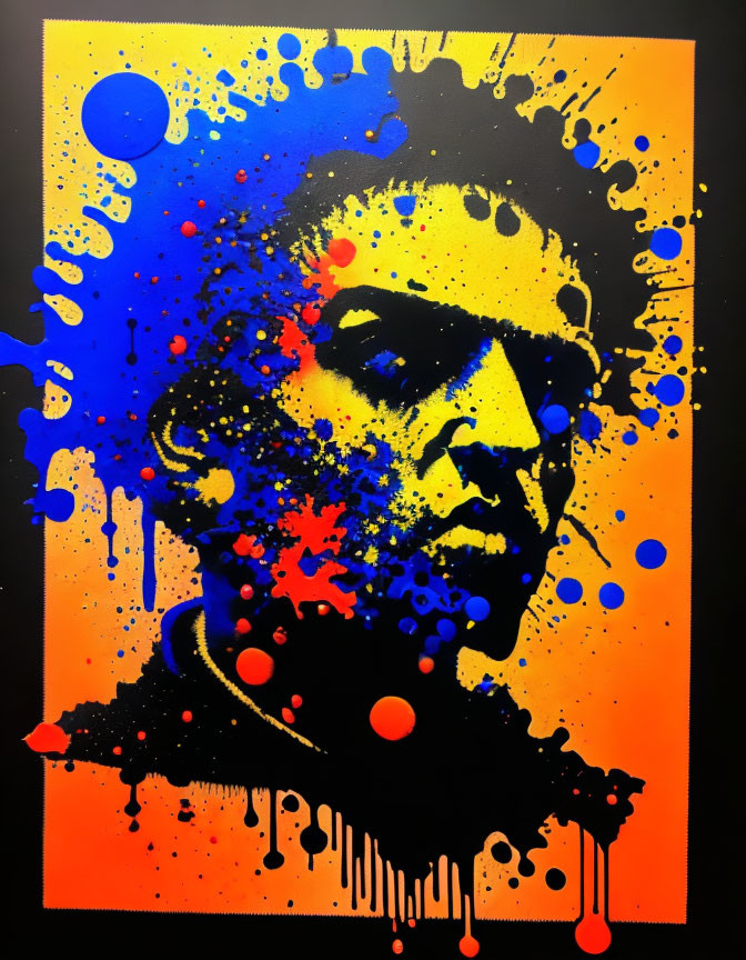 Vibrant stencil street art profile with blue and orange splatters