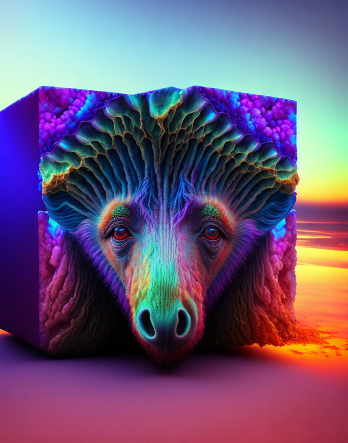 Colorful 3D Ram's Head in Cube on Neon Sunset Background