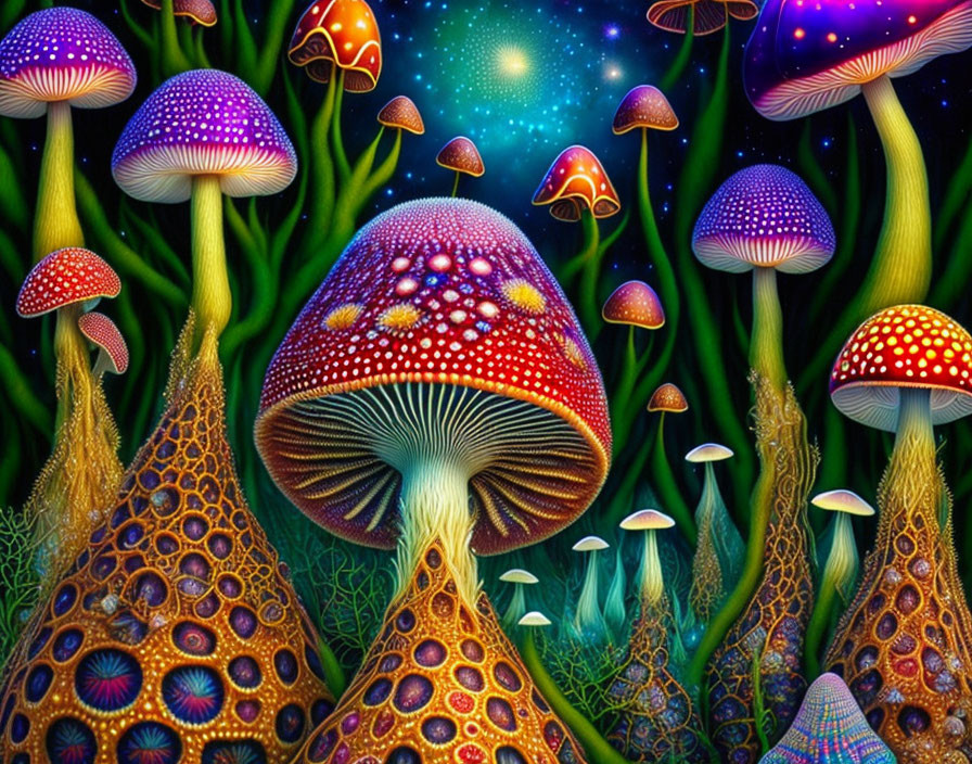 Fantastical mushroom forest artwork with glowing caps on a starry night