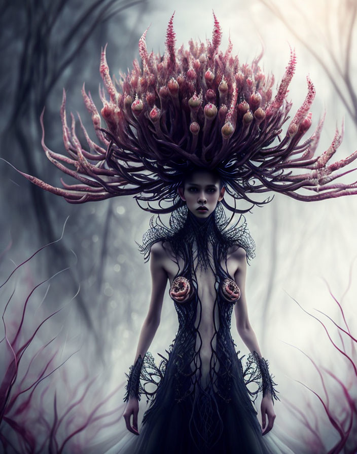 Woman with intricate flower headpiece in misty forest.