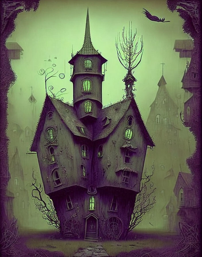 Eerie green house illustration with crooked design and bare trees