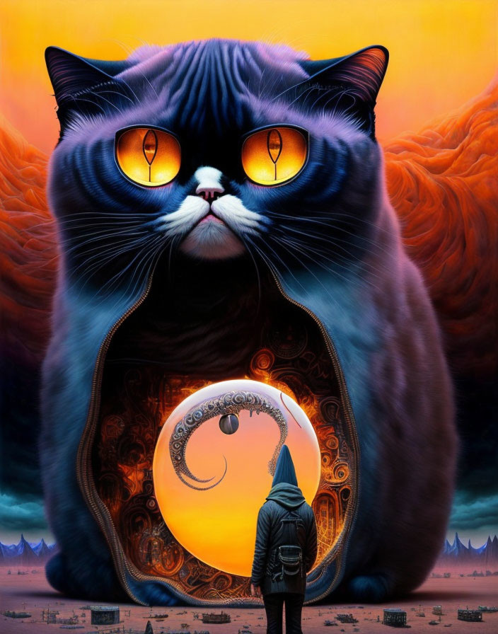 Surreal cat with glowing eyes in mystical landscape