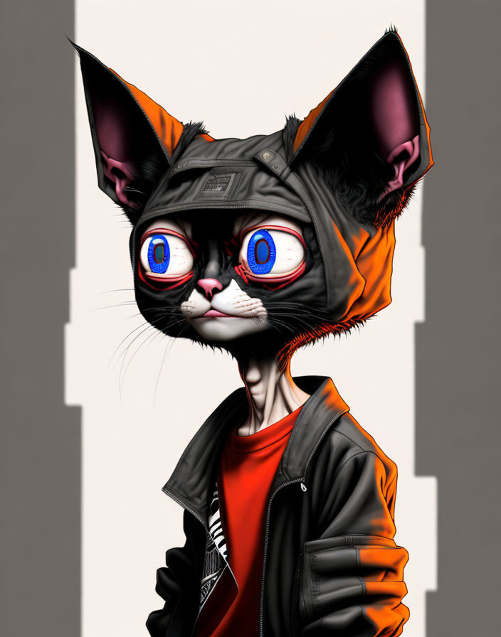 Cat in human posture with goggles, orange hoodie, and leather jacket