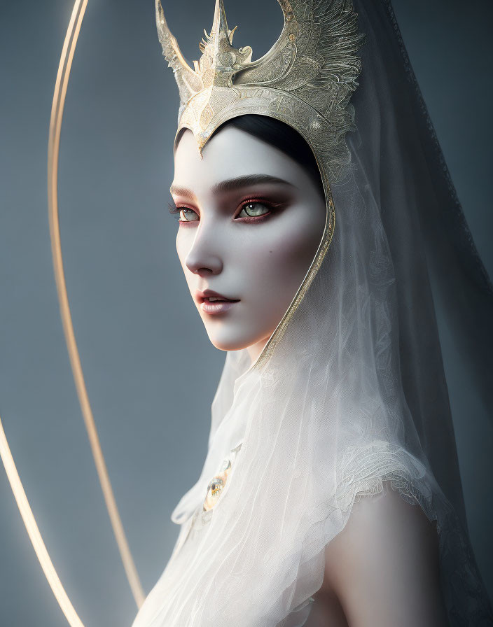 Pale-skinned figure in white draped fabric, adorned with golden crown and glowing halo.