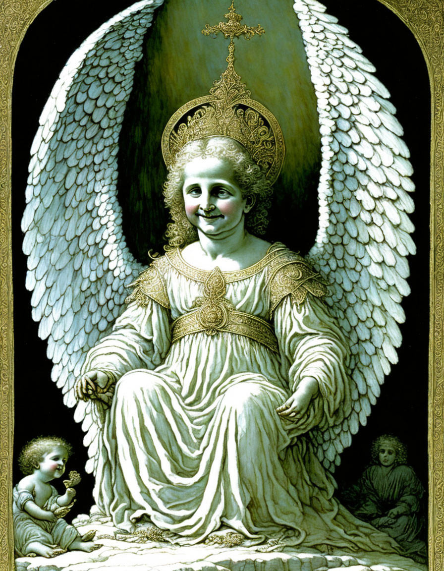 Detailed painting of smiling angel on throne with white wings and cherubs