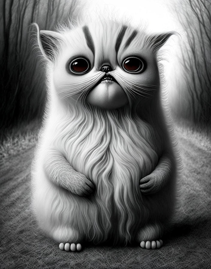 Whimsical fluffy cat with large eyes in grayscale