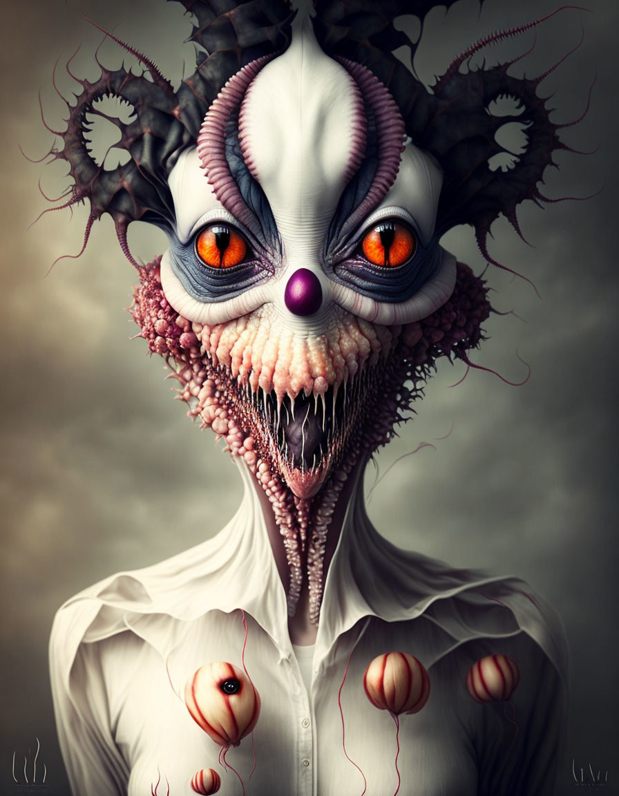 Surreal portrait of creature with white mask, orange eyes, sharp teeth, tentacles, and