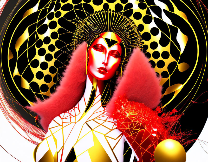 Colorful digital artwork: Stylized female figure with geometric patterns and radiant headdress on black and