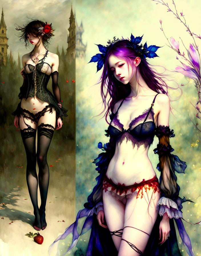 Fantasy illustrations of women with unique hairstyles and gothic clothing.