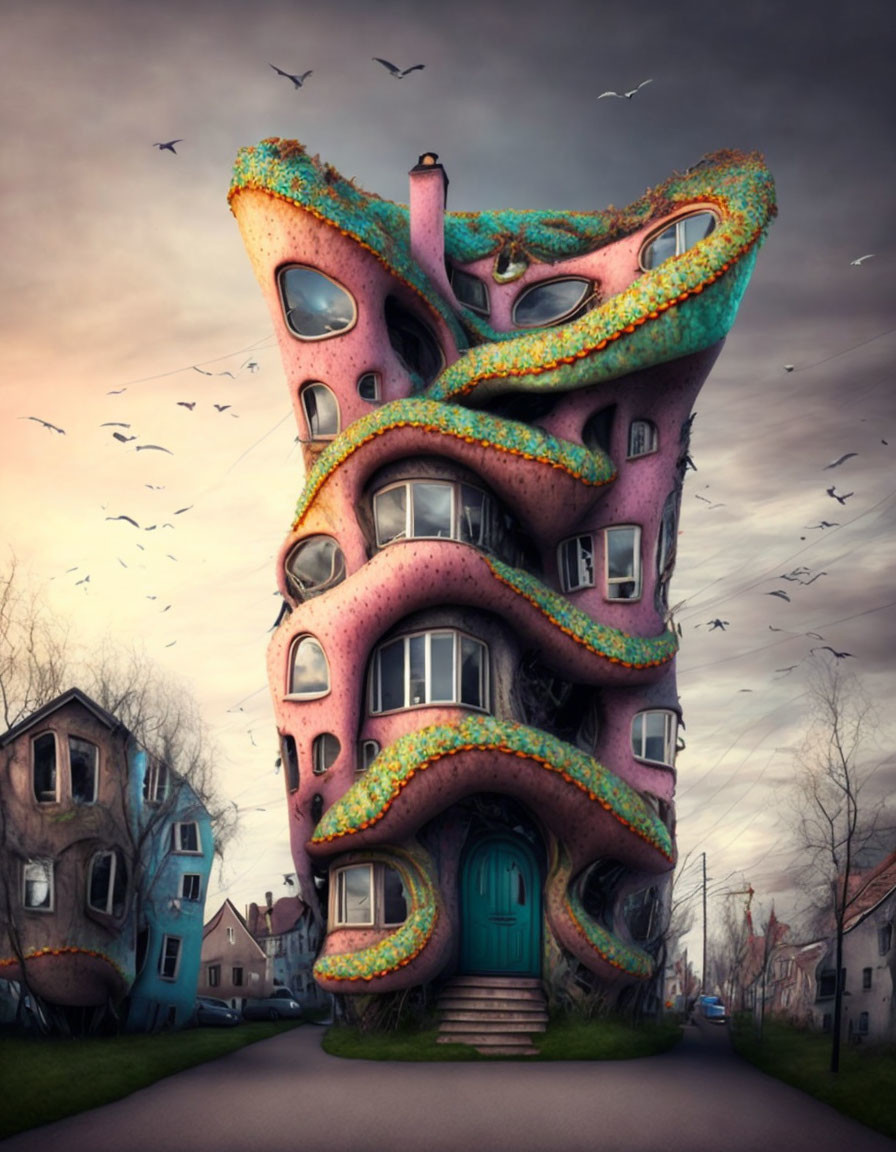 Twisted architecture building resembling a giant dessert among traditional houses under dusky sky with birds