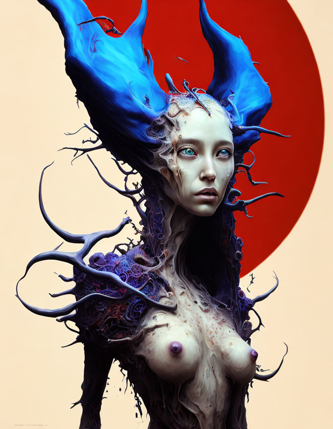 Pale-skinned figure with blue horn-like structures in surreal digital art