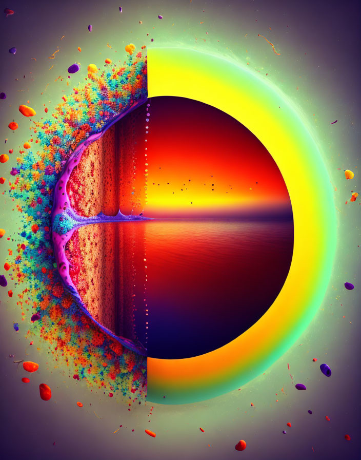 Circular rainbow gradient digital art with cosmic and aquatic elements