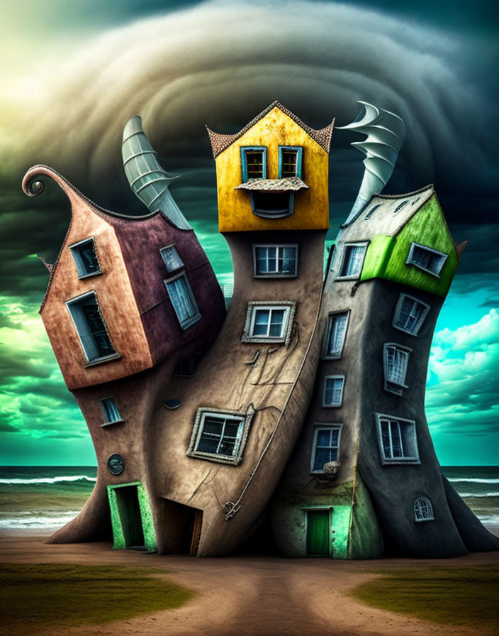 Twisted colorful houses under stormy sky by the sea