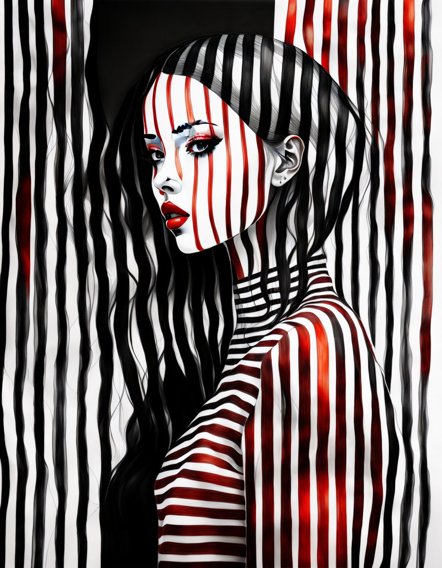 Digital artwork: Woman with black and white stripes on red background