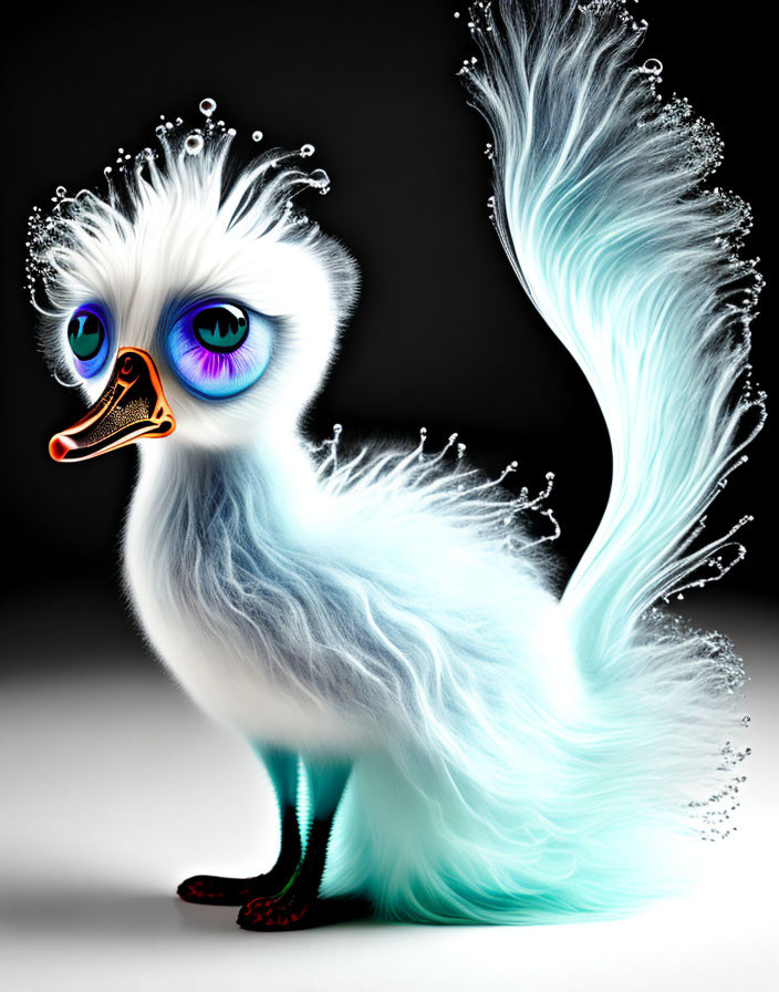 Fluffy creature with blue eyes, white feathers, water droplets, and orange beak