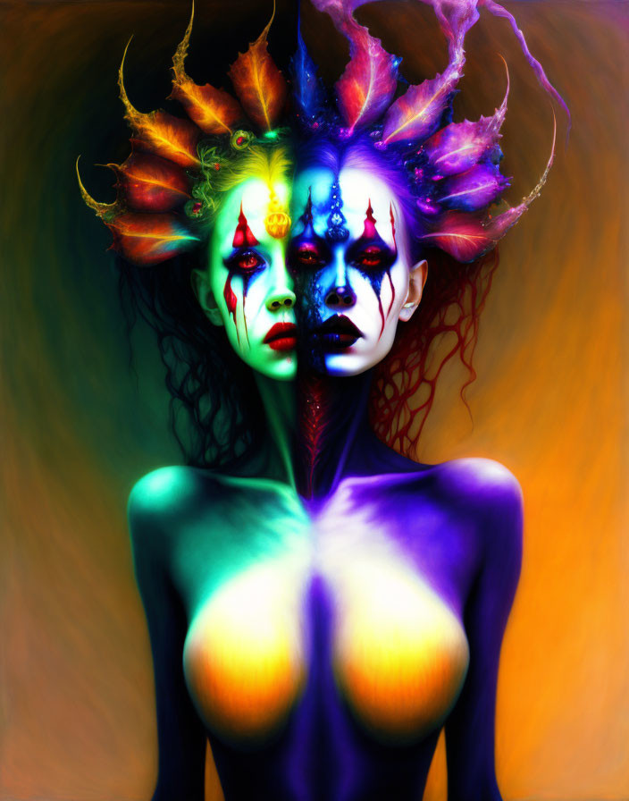 Vibrant figure with surreal headpiece and makeup on warm gradient background