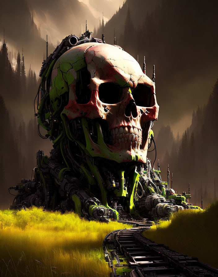 Weathered giant robot skull with glowing green eyes on grassy field with mountains, forest, and railroad