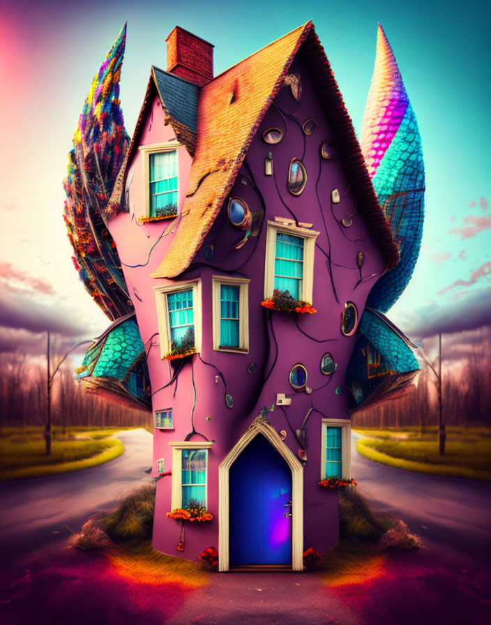 Whimsical purple upside-down house with fish-like scales and wings at road intersection