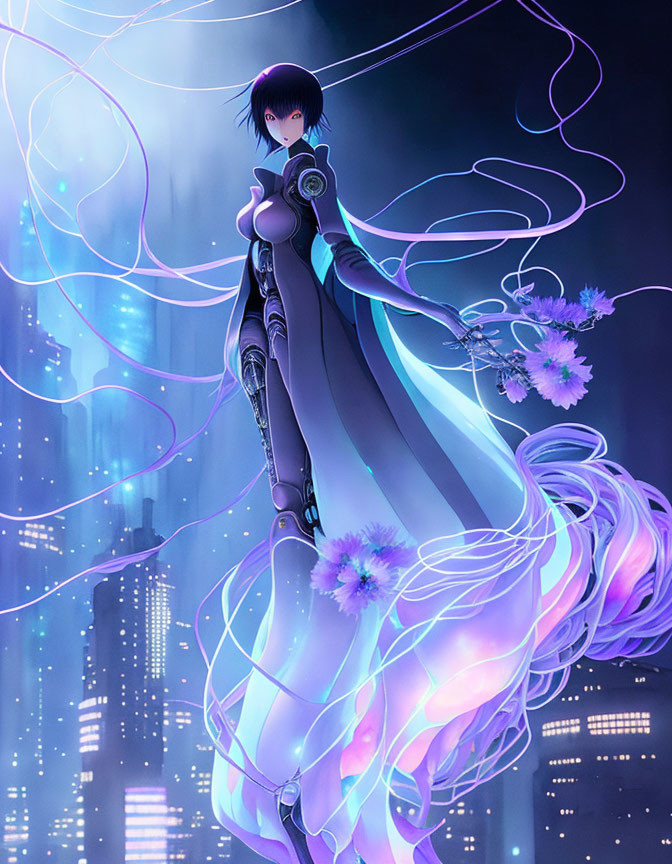 Purple-haired anime-style female character in futuristic cityscape