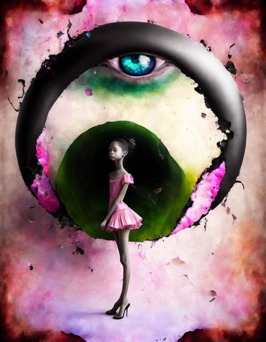 Surreal artwork: doll-sized girl in pink dress inside apple core framed by black ring, with