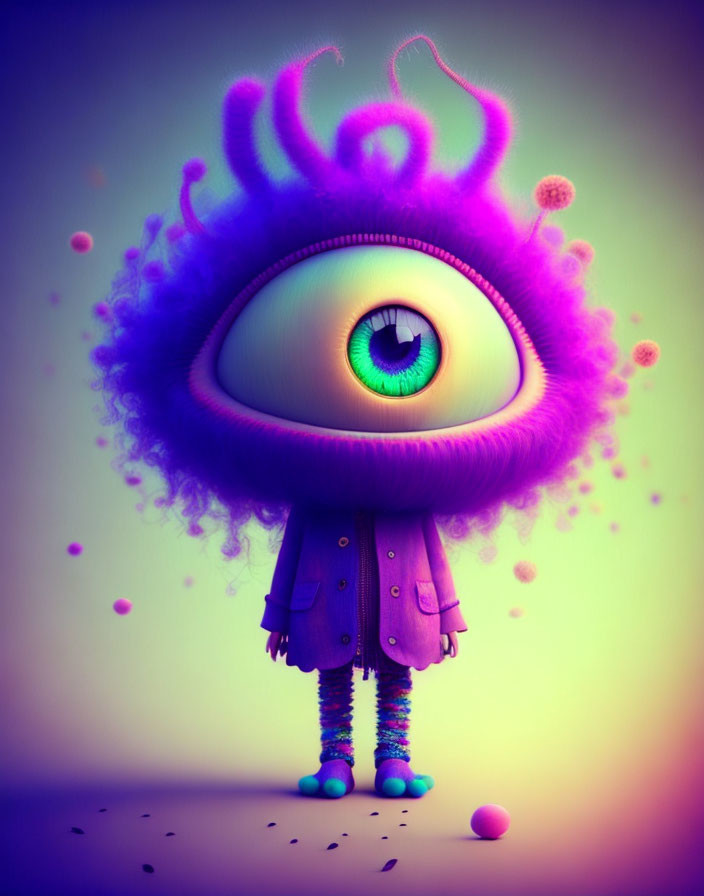 Whimsical character with large eye head, purple hair, coat & striped socks on gradient background