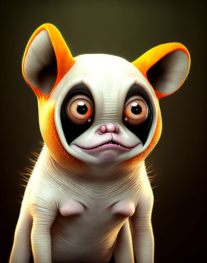 Cartoon pug with big eyes and sad expression on dark background