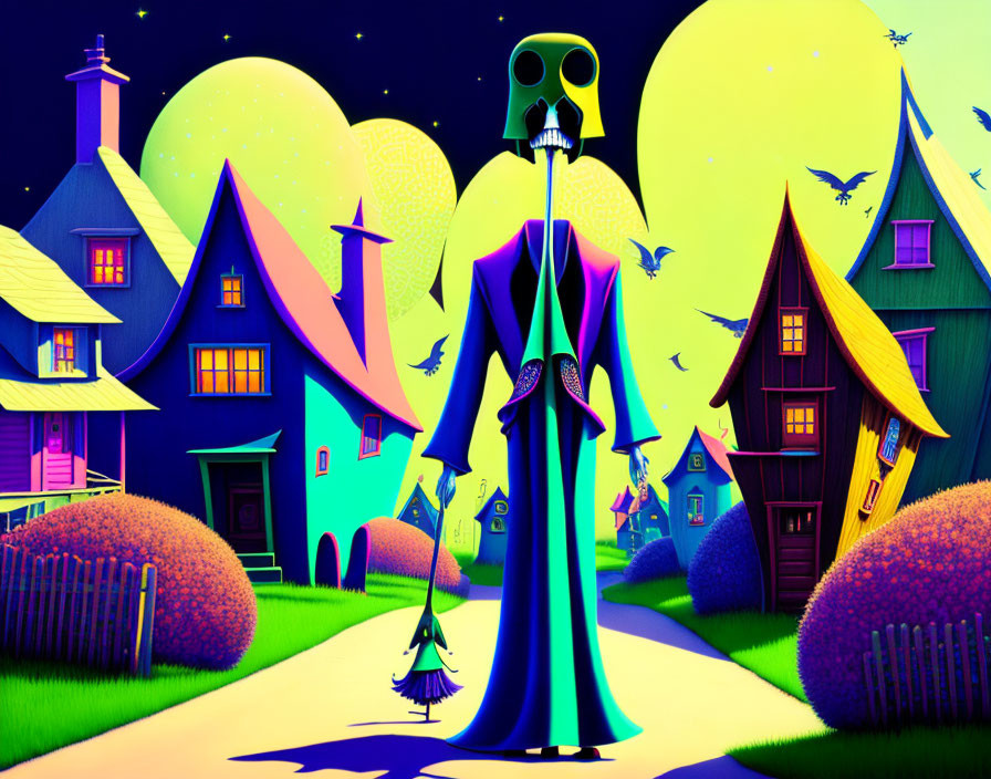 Colorful whimsical village with tall figure in purple suit