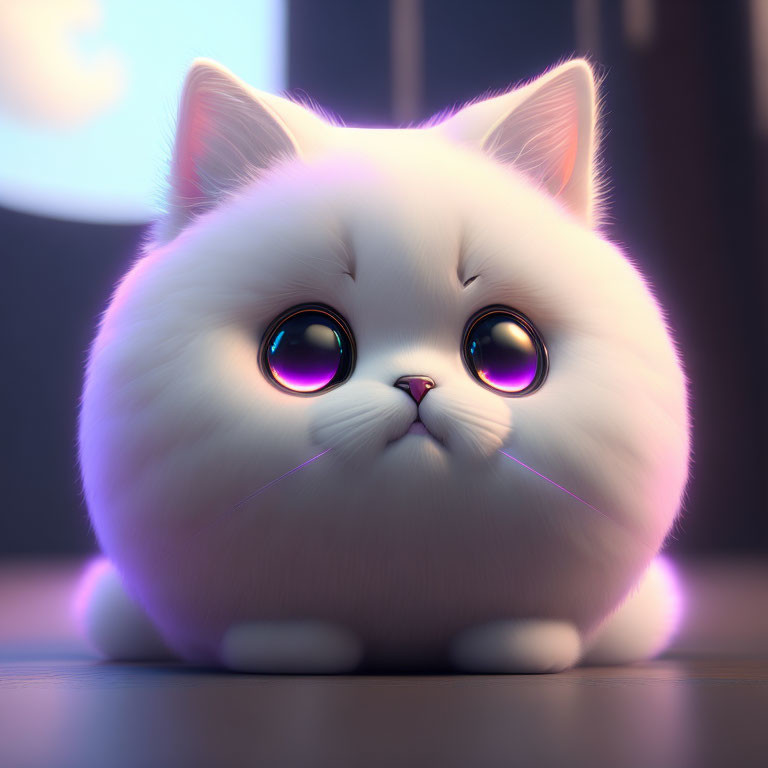 White Fluffy Cat with Purple Eyes in Soft Lighting