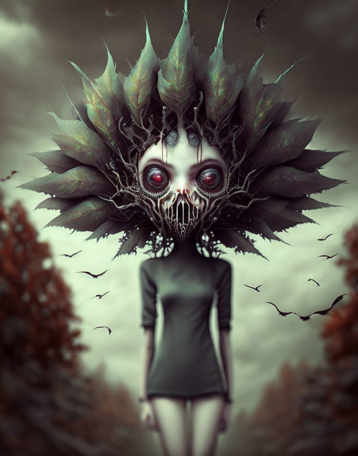 Surreal figure with leafy headdress and red eyes in moody landscape