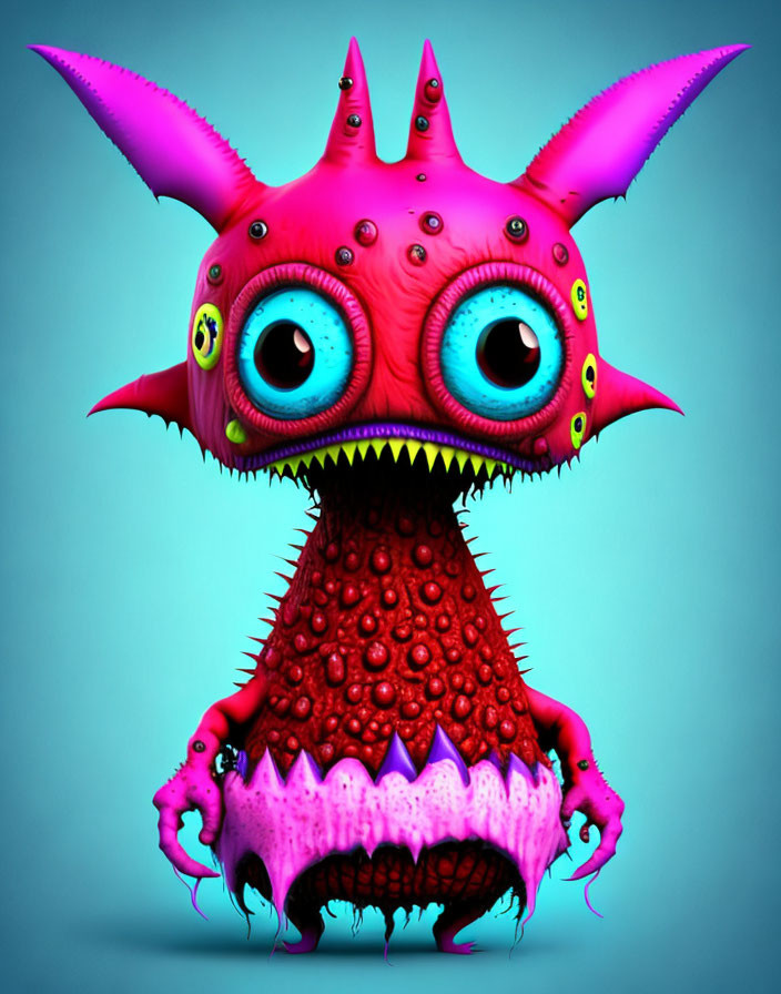 Colorful whimsical creature with large eyes and spiked ears on teal background