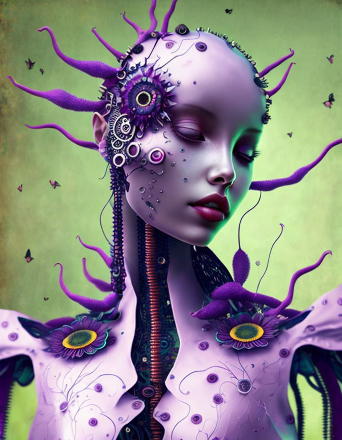 Purple-skinned female figure with mechanical features and peacock feather details