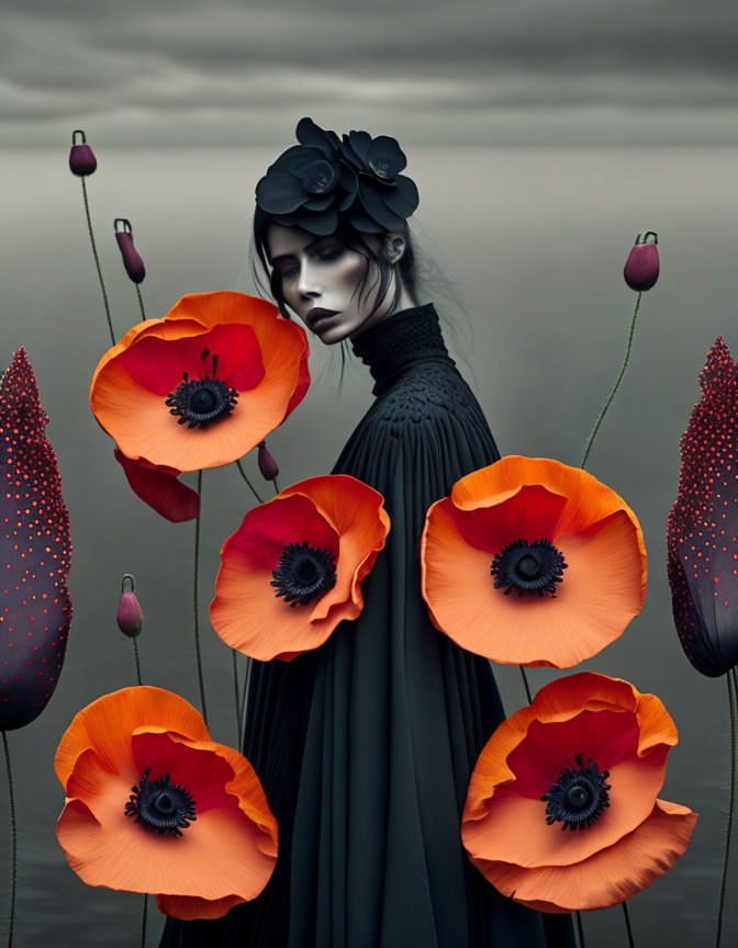 Woman in dark attire with floral headpiece among red poppies on misty grey backdrop