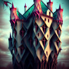 Surreal geometric castle in pink and teal hues under dusky sky