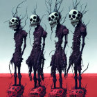 Surreal Artwork: Four Elongated Figures with Skull-like Heads in Purple Bodies