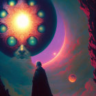 Surreal cosmic scene with cloaked figure and all-seeing eye