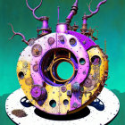 Whimsical purple and orange machine with pipes, gauges, and gears on polka-dot base