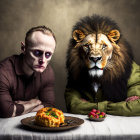 Man and lion in human attire at table with dish and berries in intense gaze.