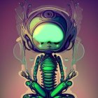 Detailed Alien Illustration: Green Face, Glowing Eyes, Horned Helmet, Cosmic Background