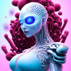 Futuristic female figure with biomechanical features on blue and pink backdrop