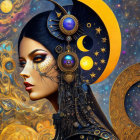 Detailed celestial-themed woman illustration with crescent moon and stars in vibrant colors