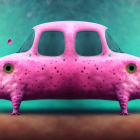 Pink Blobby Vehicle with Eye-like Windows on Teal Background