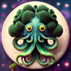 Colorful octopus with cosmic backdrop and surreal broccoli-like texture