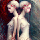 Ethereal figures with flowing hair and floral headpieces in dream-like embrace