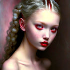 Portrait of person with pale skin, braided hair, red eyes, and intense gaze