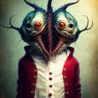 Surreal two-headed creature in red jacket on textured background