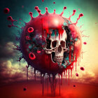 Skull merging with virus shape in surreal red and blue sky