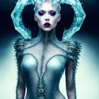 Futuristic being with crown-like headgear and intricate armor on blue gradient background