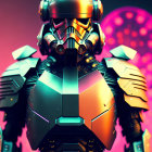 Robotic figure with human-like skull and metallic armor against pink sky