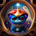 Whimsical blue cat with crown and cosmic background