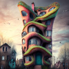 Twisted architecture building resembling a giant dessert among traditional houses under dusky sky with birds